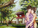 đôi tình nhân trước văn miếu, cô gái bên cầu khỉ, cây dừa bên ao trong sân nhà