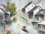 tranh sơn thủy, thác nước thuyền bè trong lạch sông