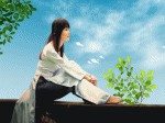 nữ sinh buồn ngồi trên lan can ngắm mây bay gió thổi