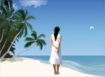 cô gái jupe trắng ngắm biển sóng dừa hải âu
