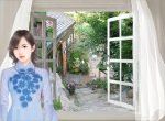 cô gái áo xanh màn cửa sổ phố mưa