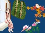 bé gái ngắm hoa trên bệ cửa sổ
