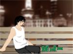 một mình uống bia hút thuốc bên sông