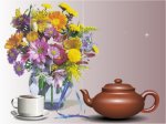 ly trà bốc khói bên bình hoa cúc